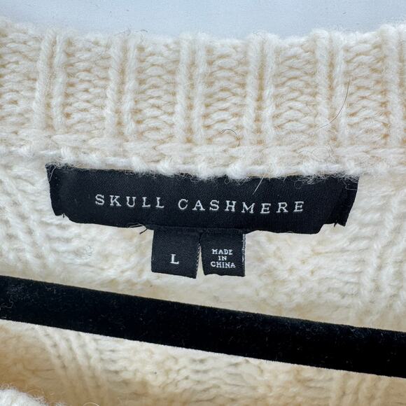 Skull Cashmere Cableknit Sweater Ribbed Crew‎ Neck Merino Wool Size Large Cream - Picture 4 of 6